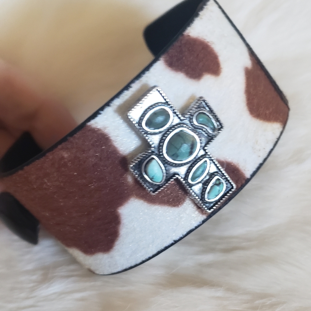 Crawford Cross Brown Cowhide Cuff Bracelet with Turquoise Cross